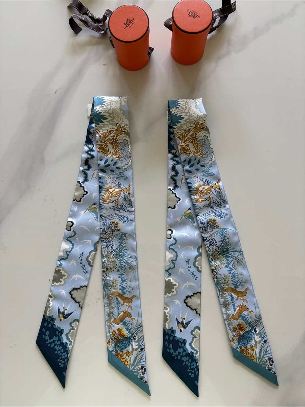 Hermes Blue, Gold & Teal Silk Twilly Scarf Pair